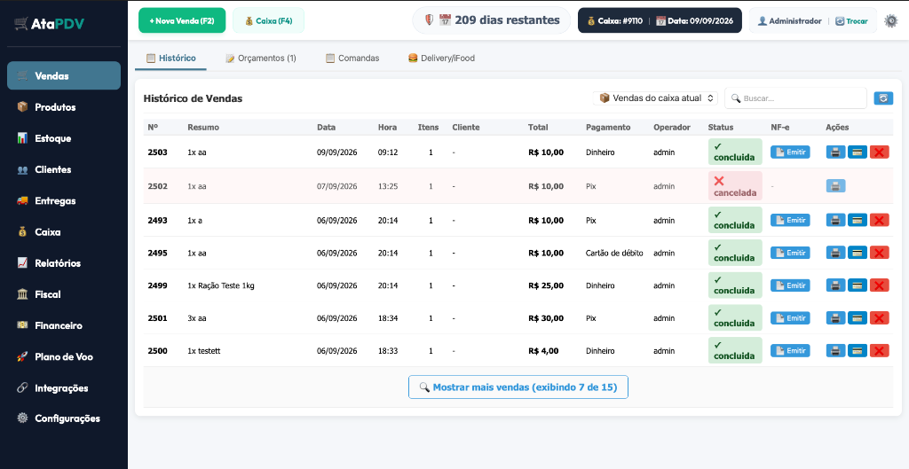 Histórico de Vendas e Dashboard AtaPDV v2.8.12